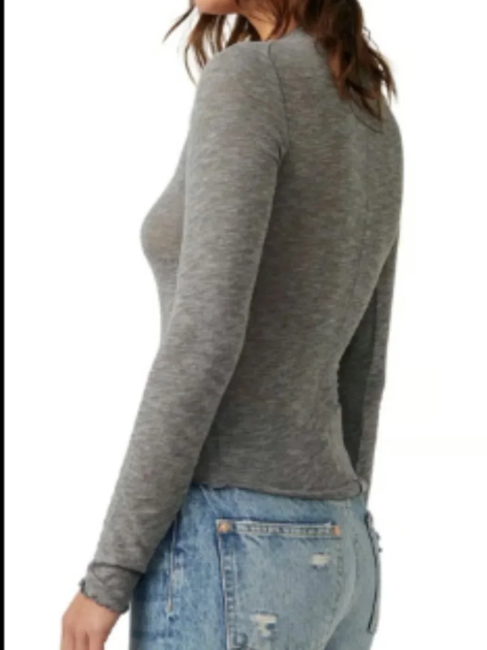 WE THE FREE PEOPLE BE MY BABY SCALLOPED LETTUCE EDGE LONG SLEEVE TOP TEE GRAY XL